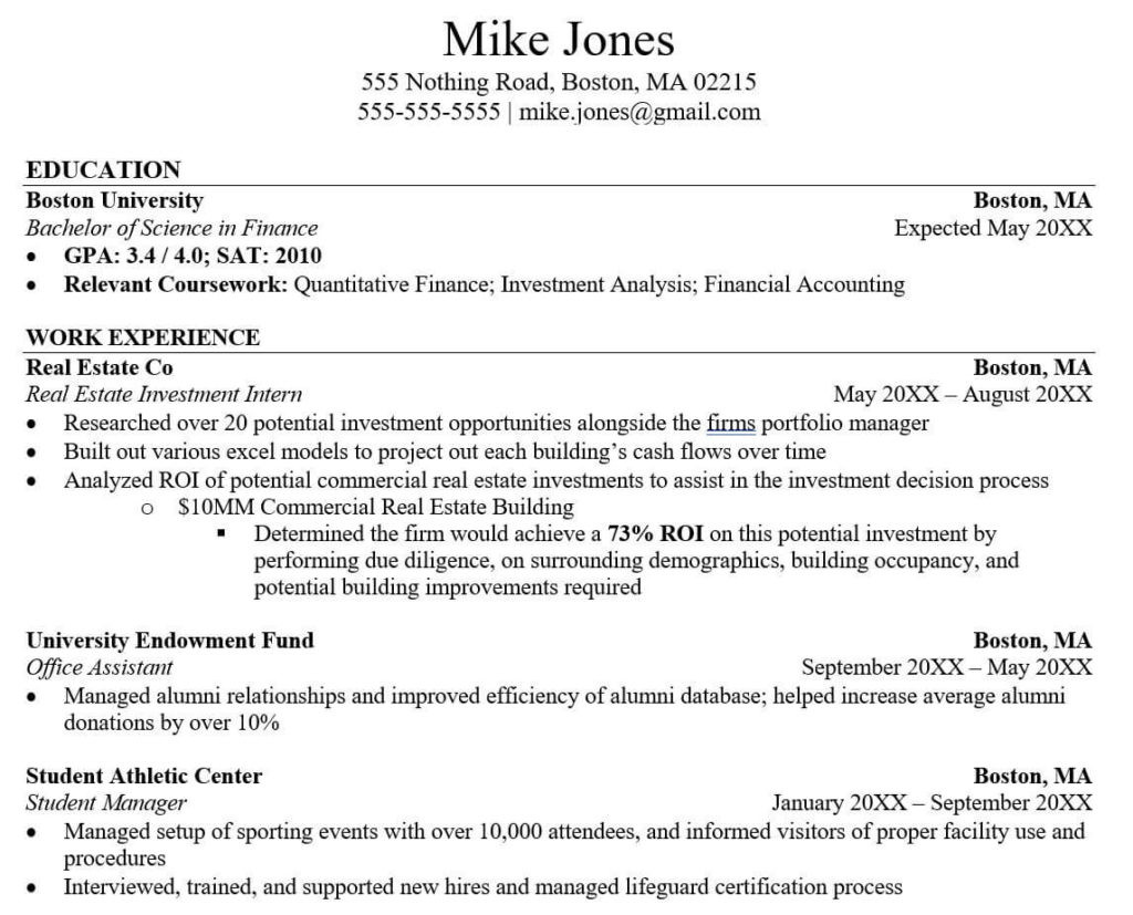 investment banking resume no experience