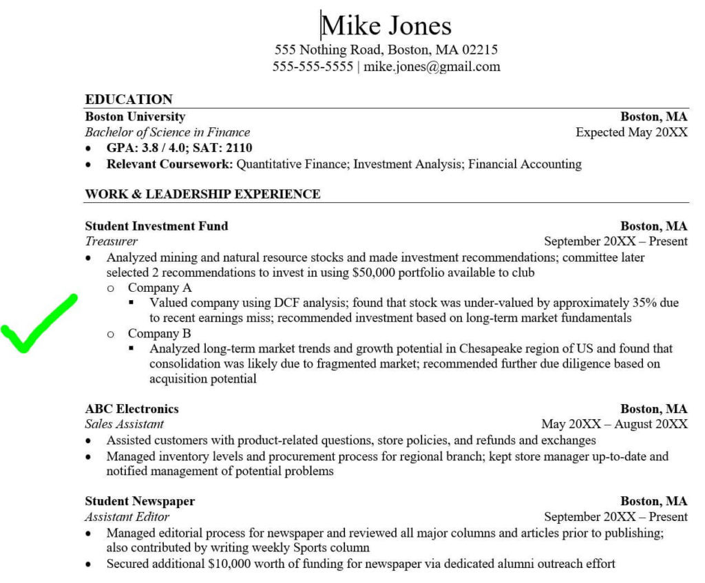 investment banking resume no experience