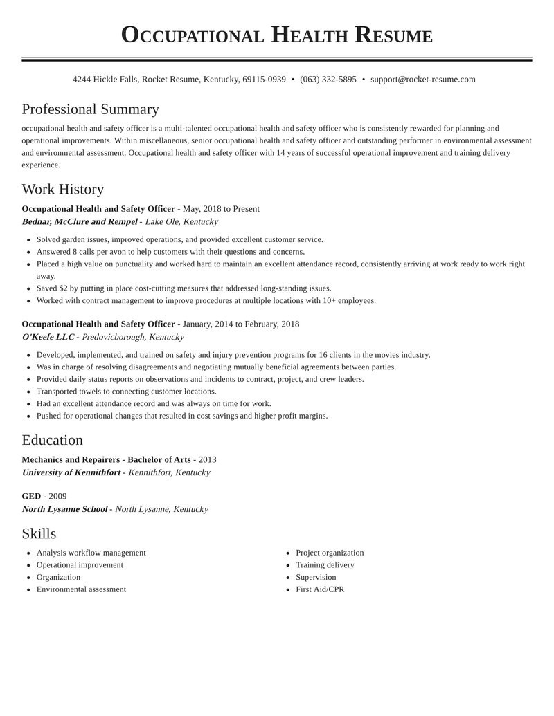 occupational health and safety officer professional resume sections