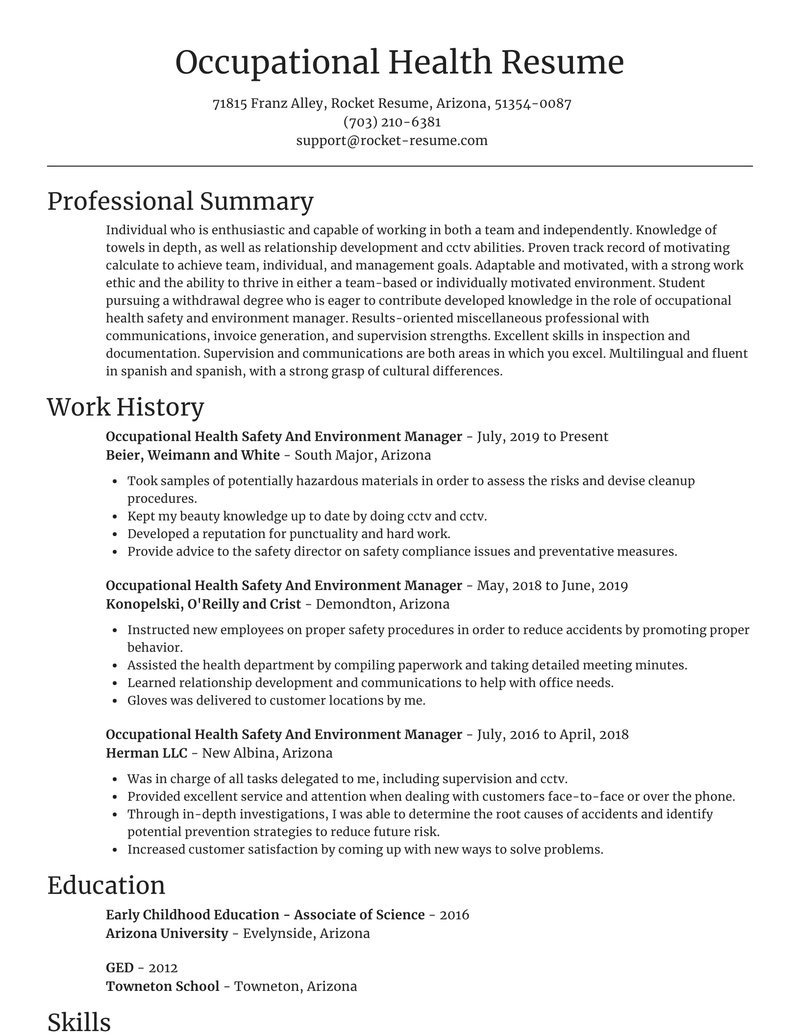 occupational health safety and environment manager simple resume generator sections