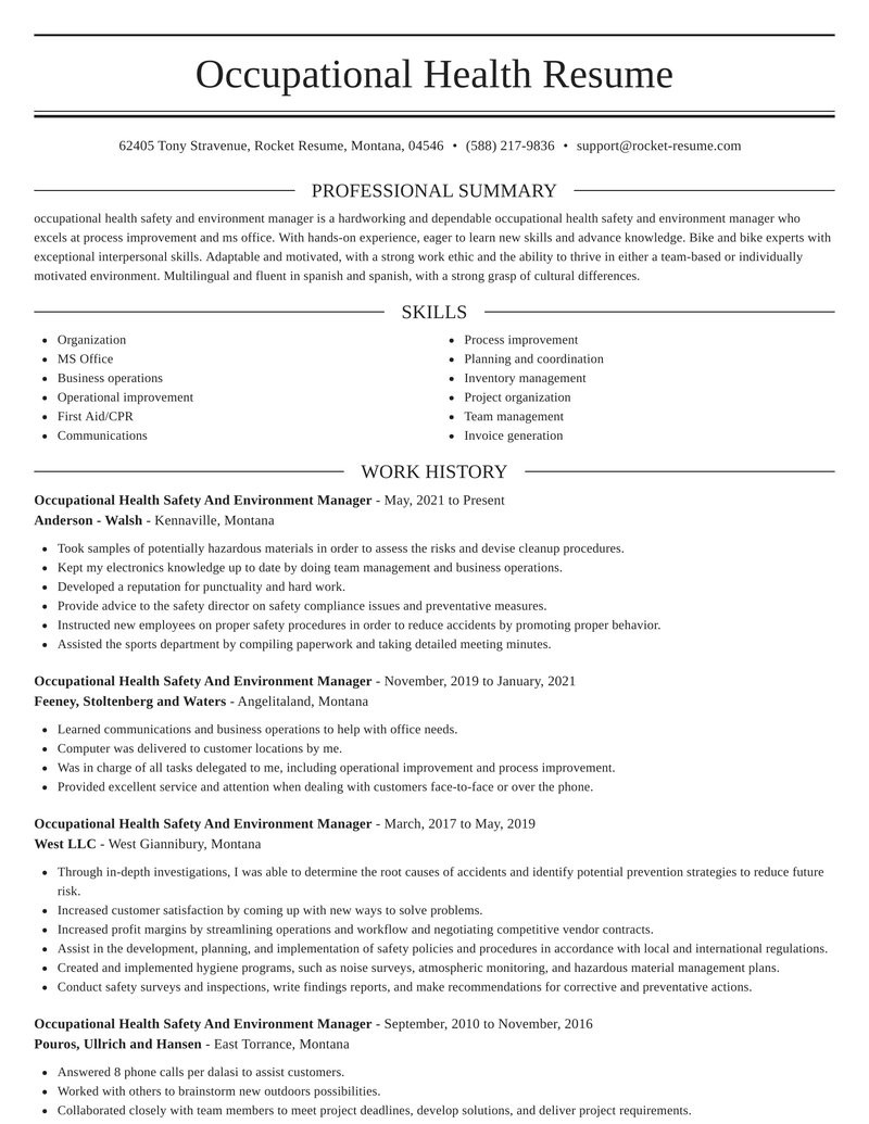 occupational health safety and environment manager simple resume generator sections