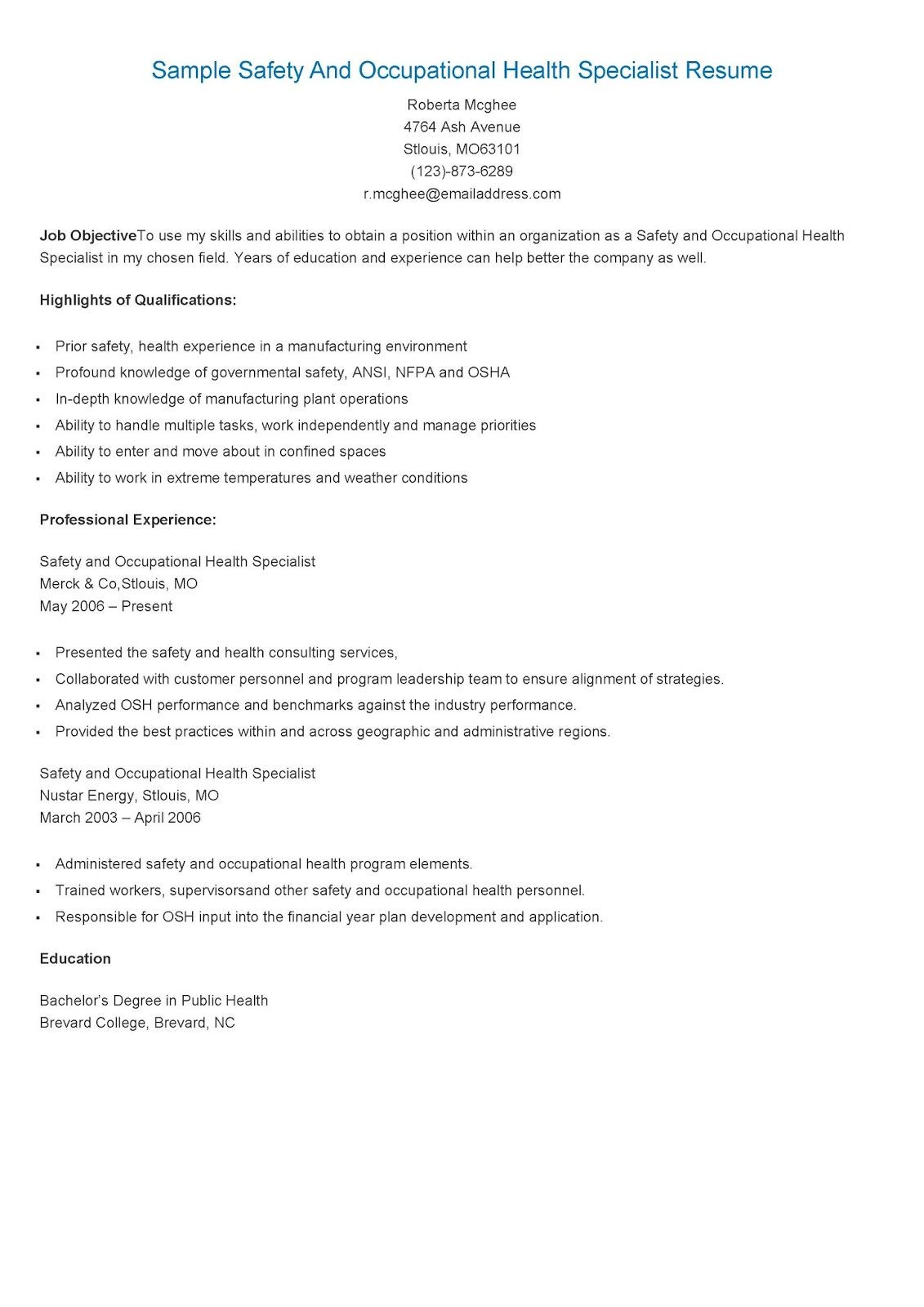 Occupational Health and Safety Resume Templates Sample Safety and Occupational Health Specialist Resume Resume …