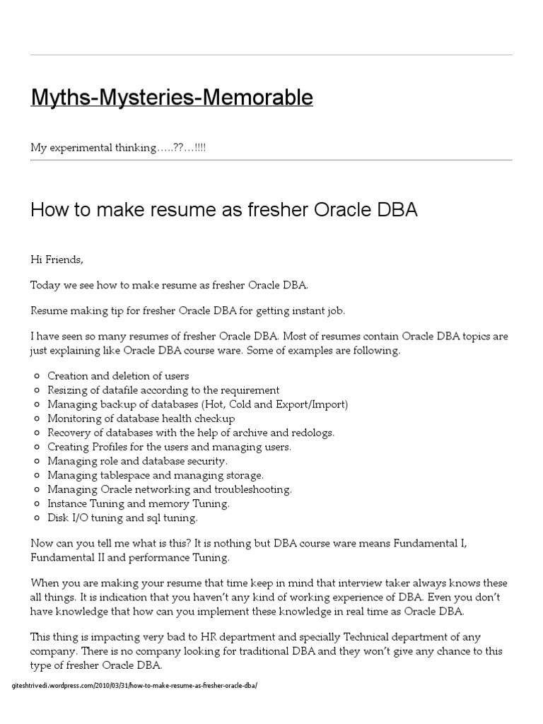 How to make resume as fresher Oracle DBA Myths Mysteries Memorable