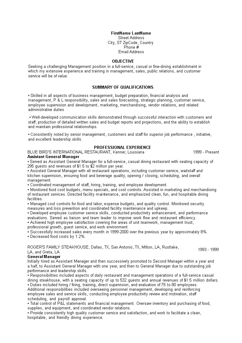 restaurant general manager resume