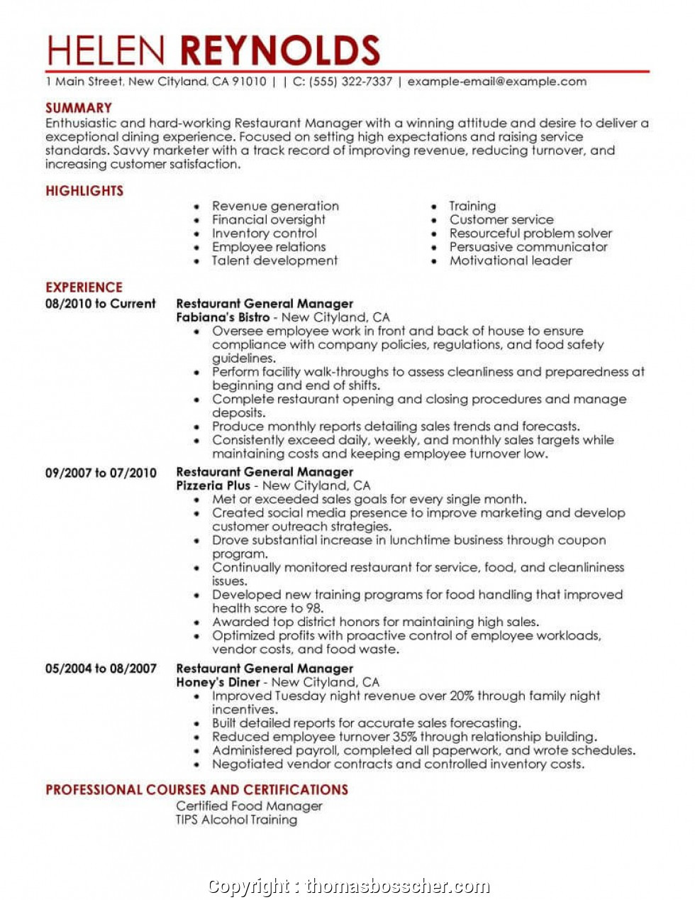 restaurant general manager resume