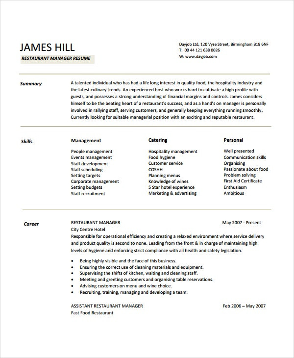 restaurant manager resume