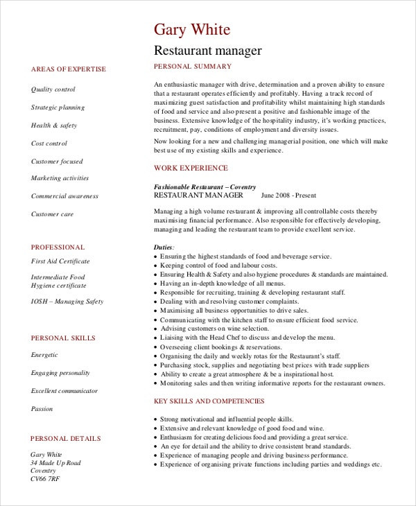 restaurant manager resume