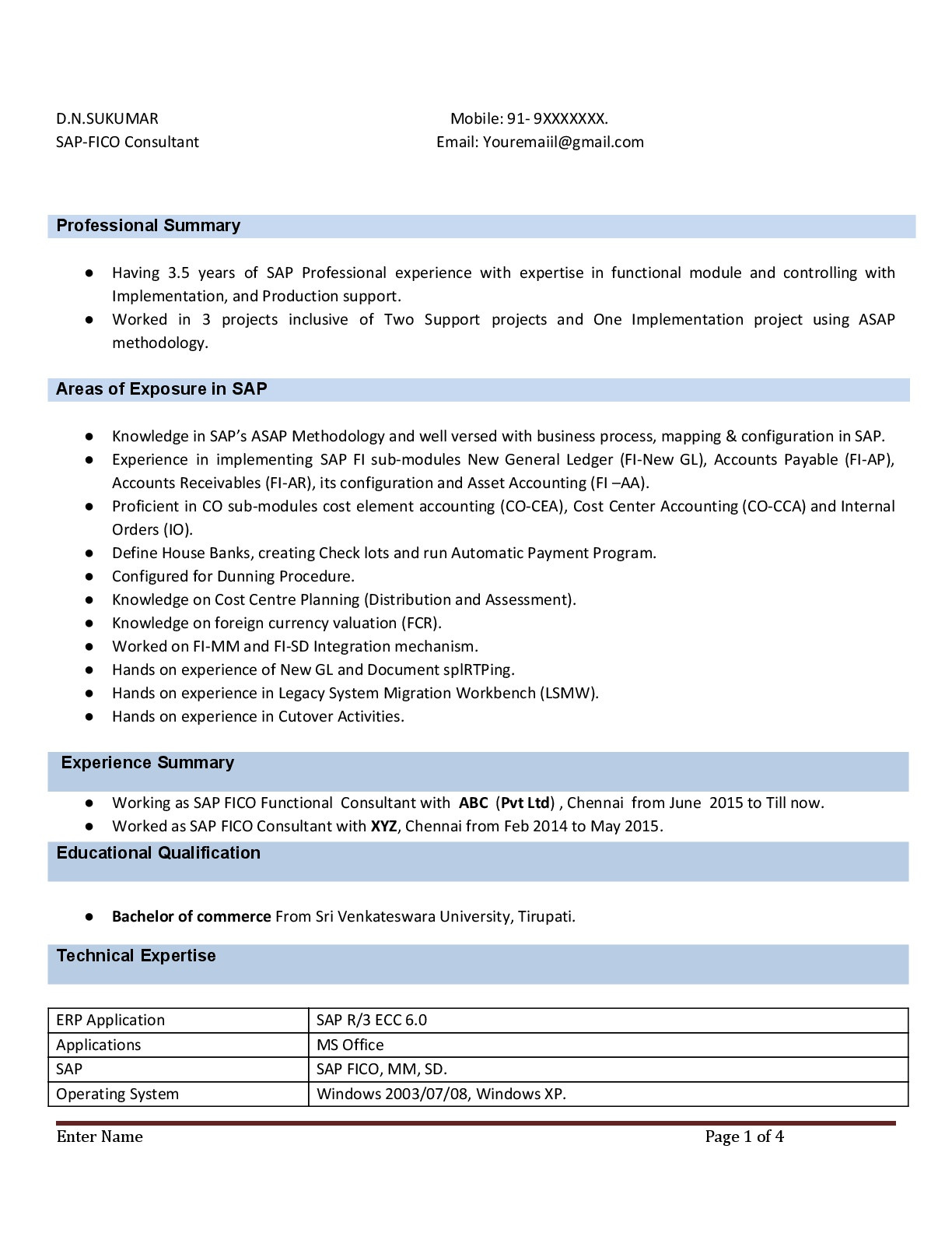 sap fico resume 3 years experience