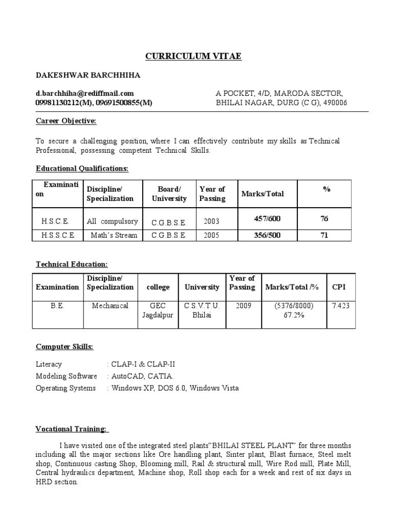 fresher mechanical engineer resume