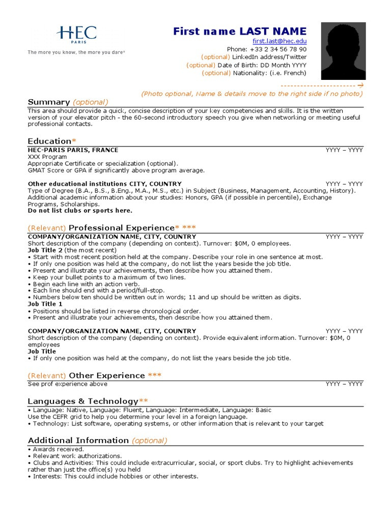 Resume Template HEC Paris