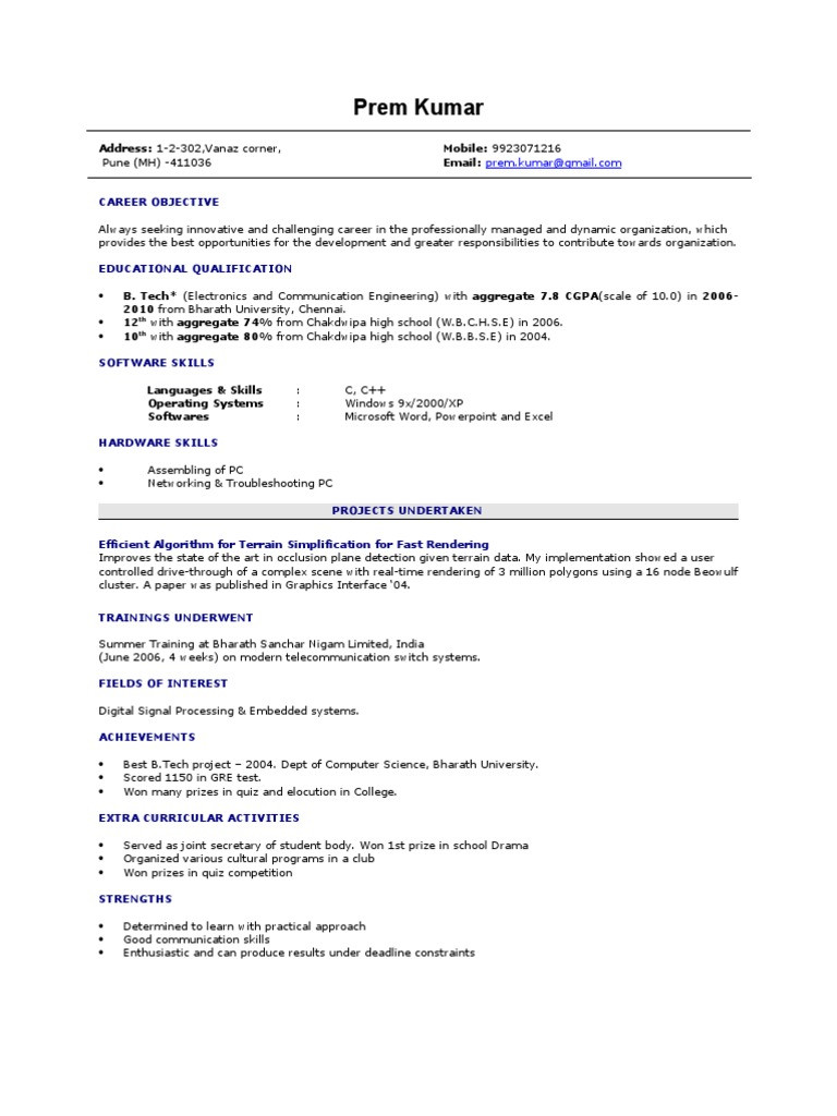 Fresher resume sample