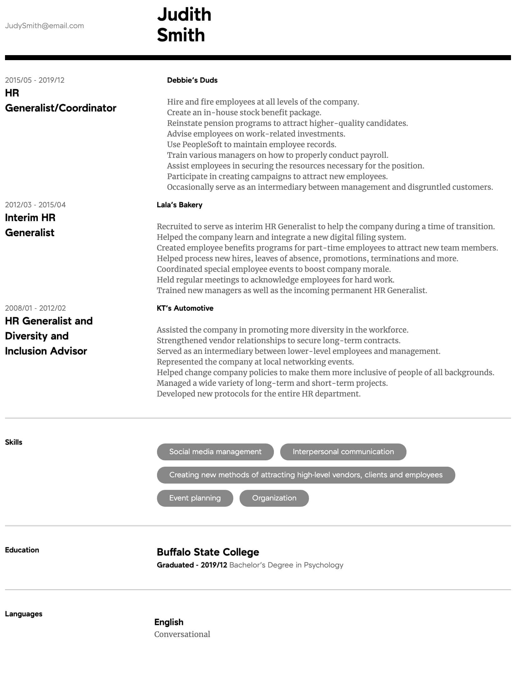 hr generalist resume sample