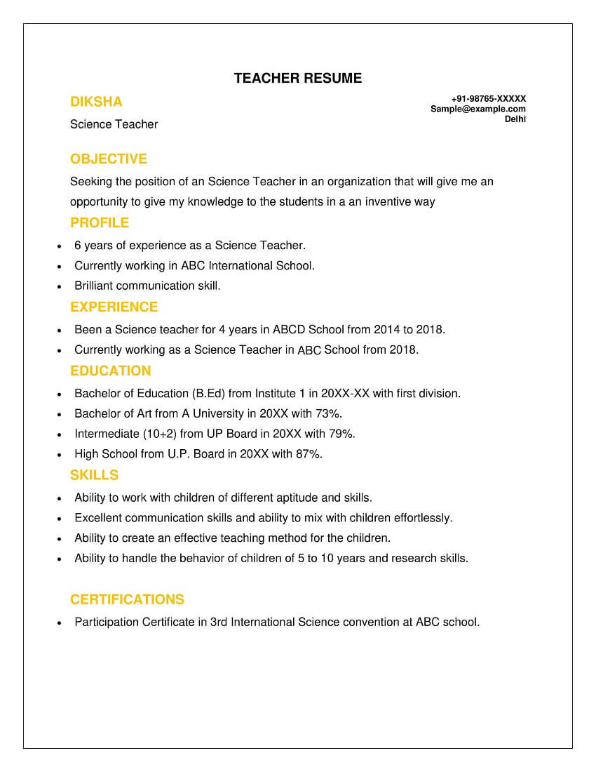 Sample Of Resume for Applying Teaching Job How to Write An Effective Teacher Resume (with Sample) – Talent …