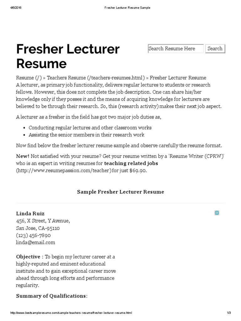 Fresher Lecturer Resume Sample