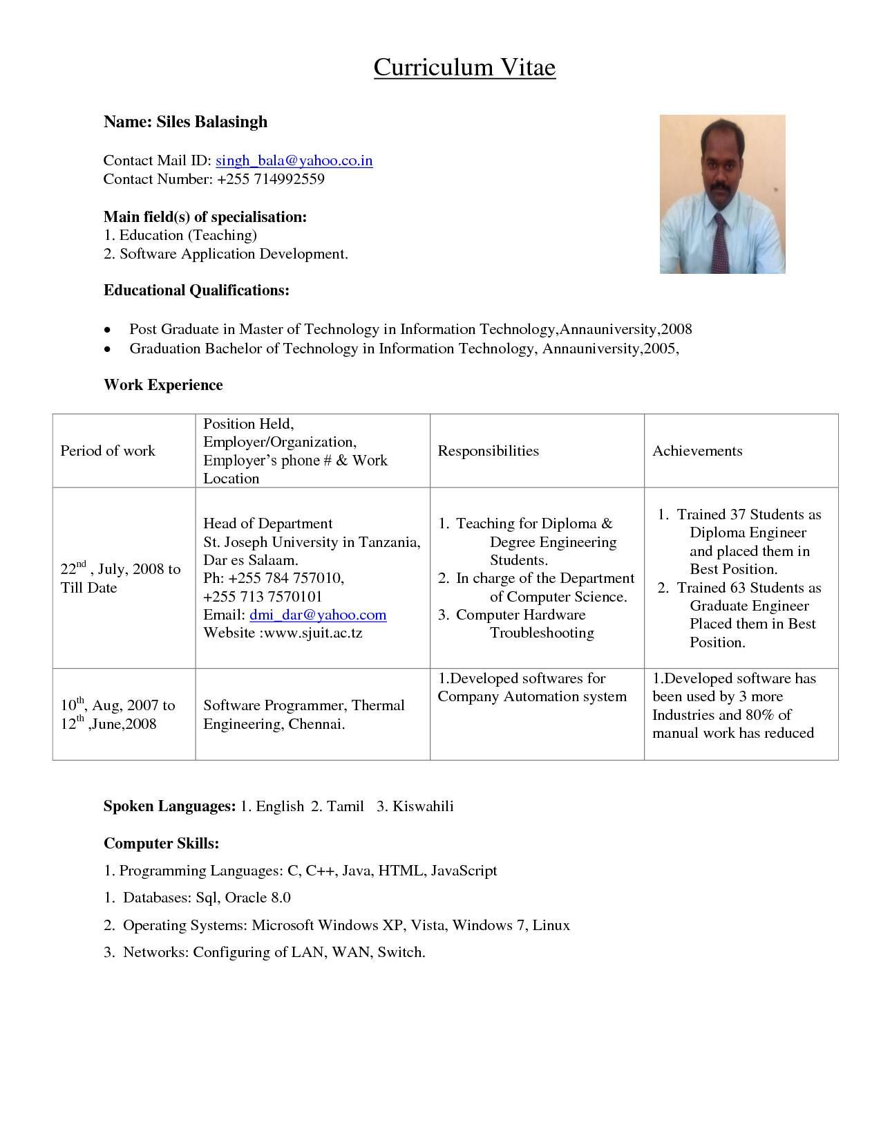 resume format for lecturer job in engineering college