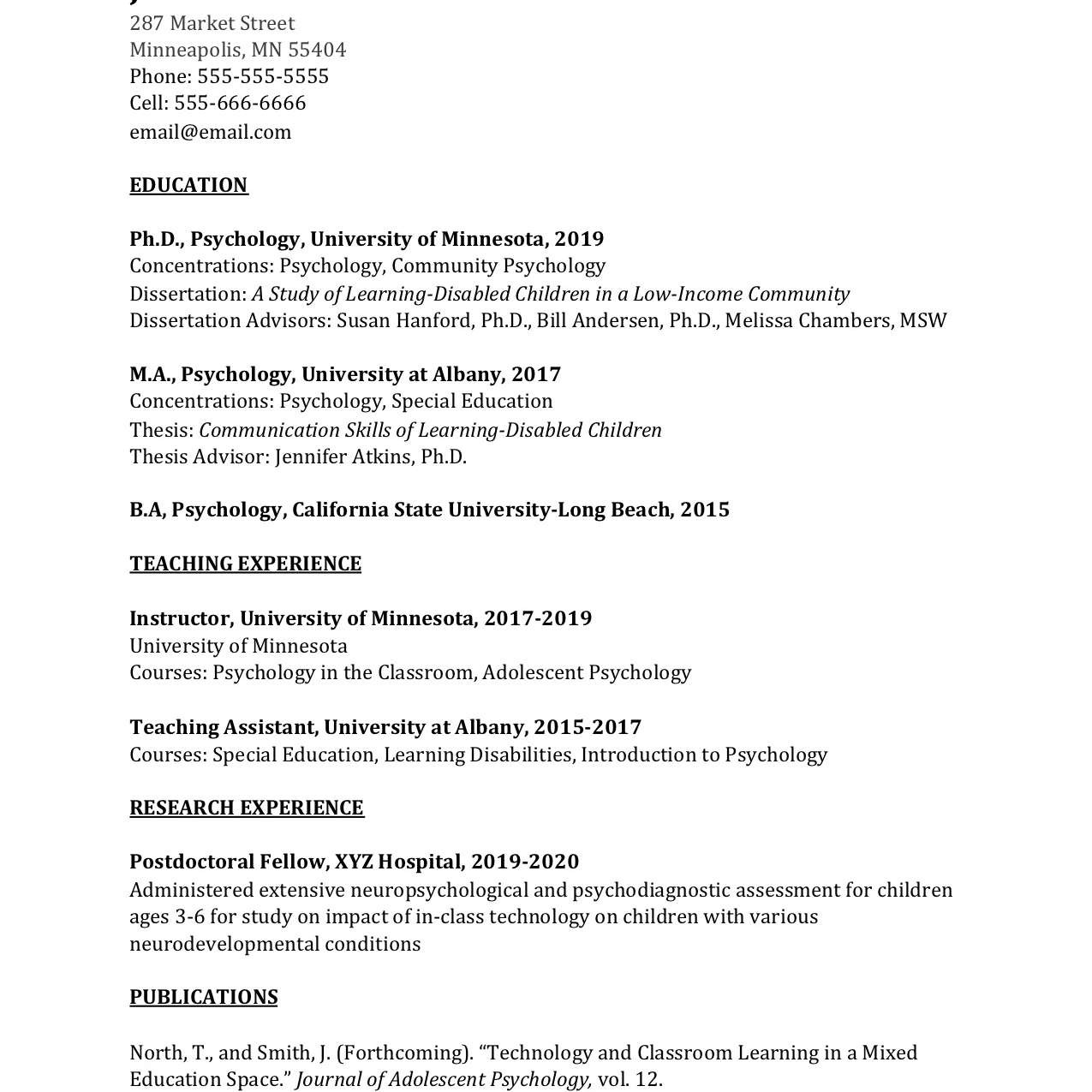 academic curriculum vitae example