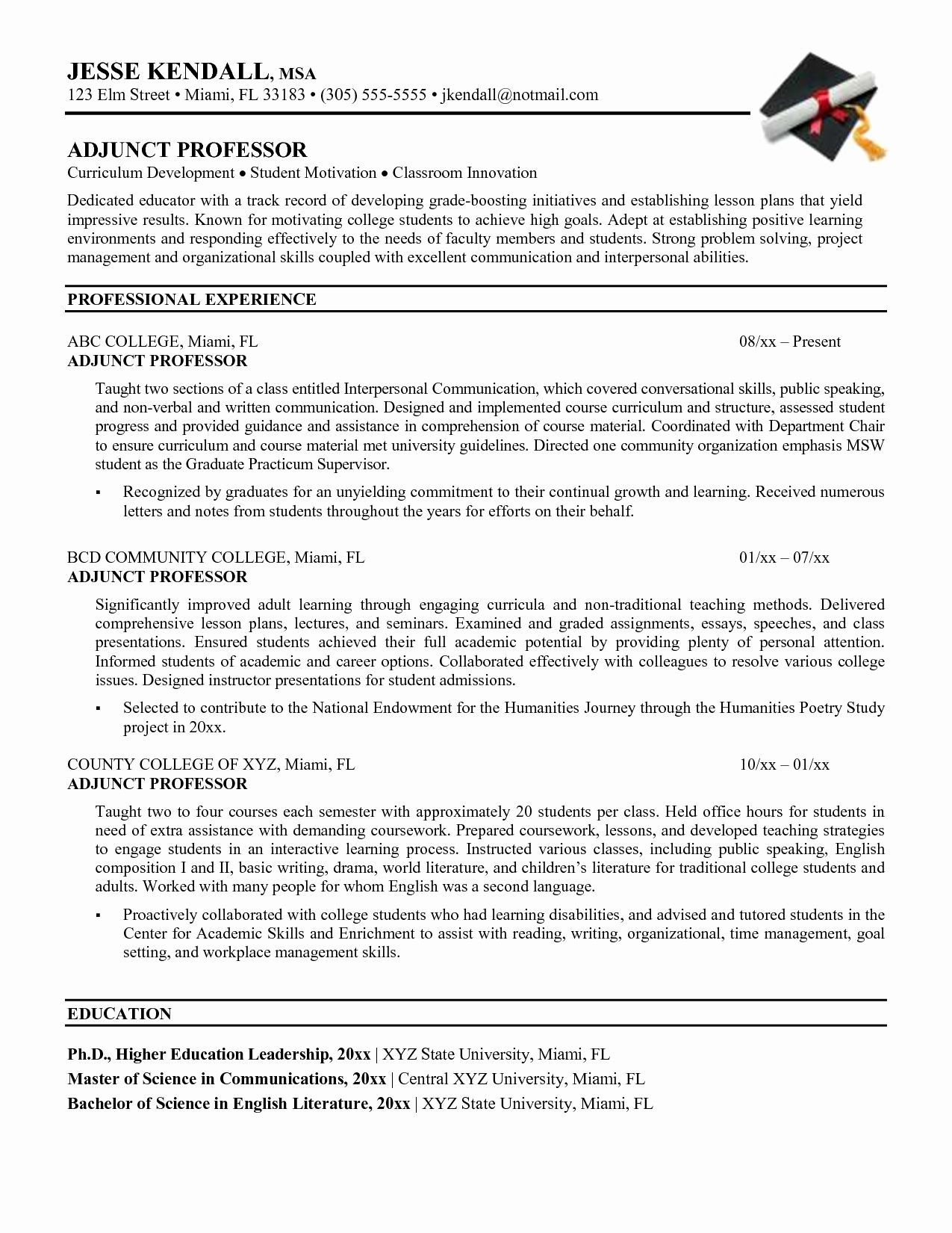 Sample Resume for College Instructor Position Entry Level Adjunct Professor Resume Awesome Sample Resume for …