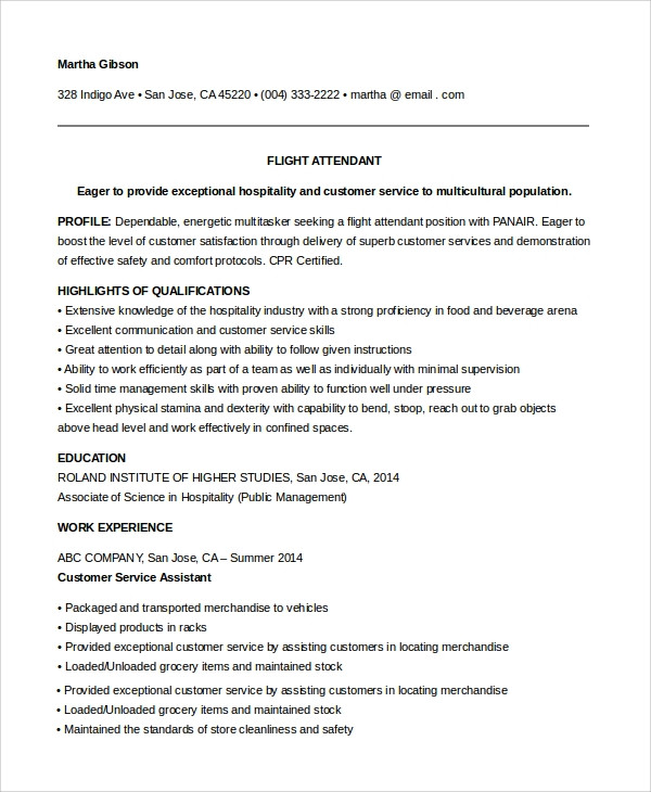 Sample Resume for Flight attendant with No Experience Pdf Free 6 Sample Flight attendant Resume Templates In Pdf