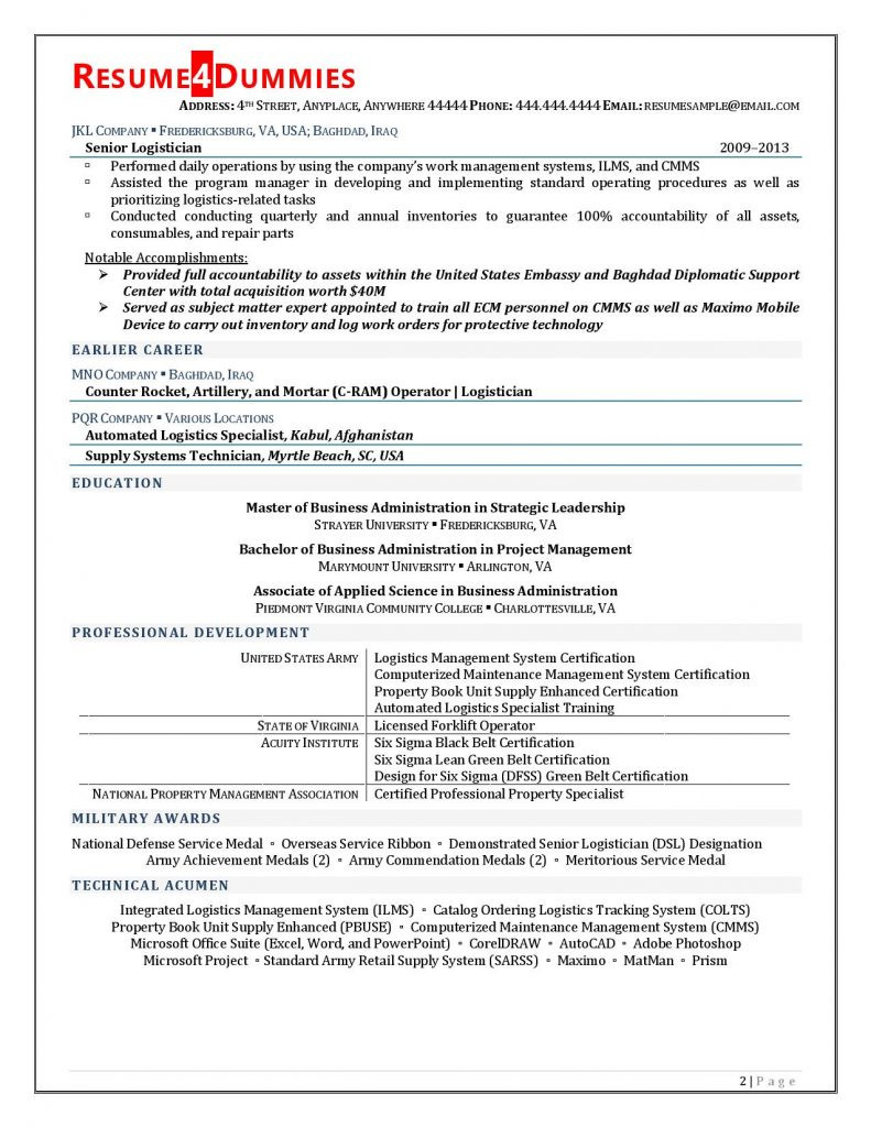 logistics manager resume example