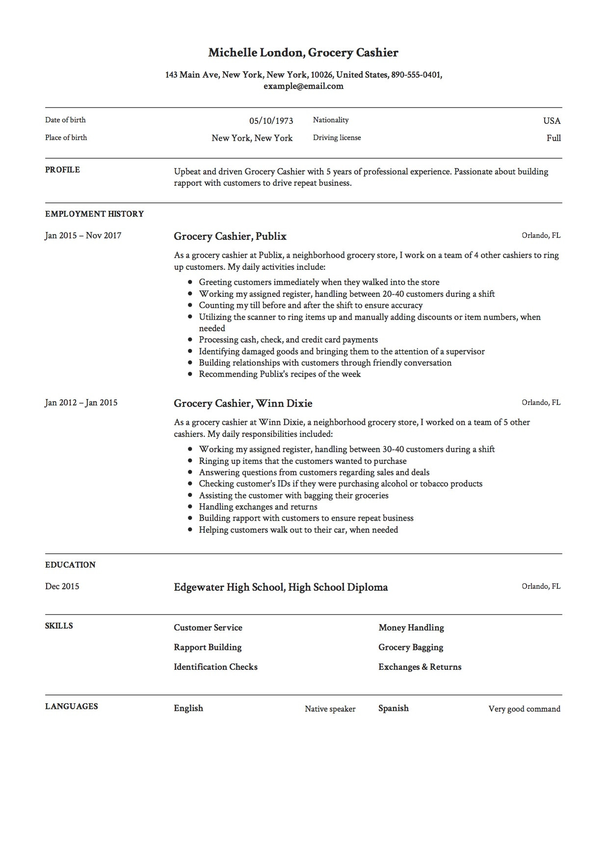 grocery cashier resume