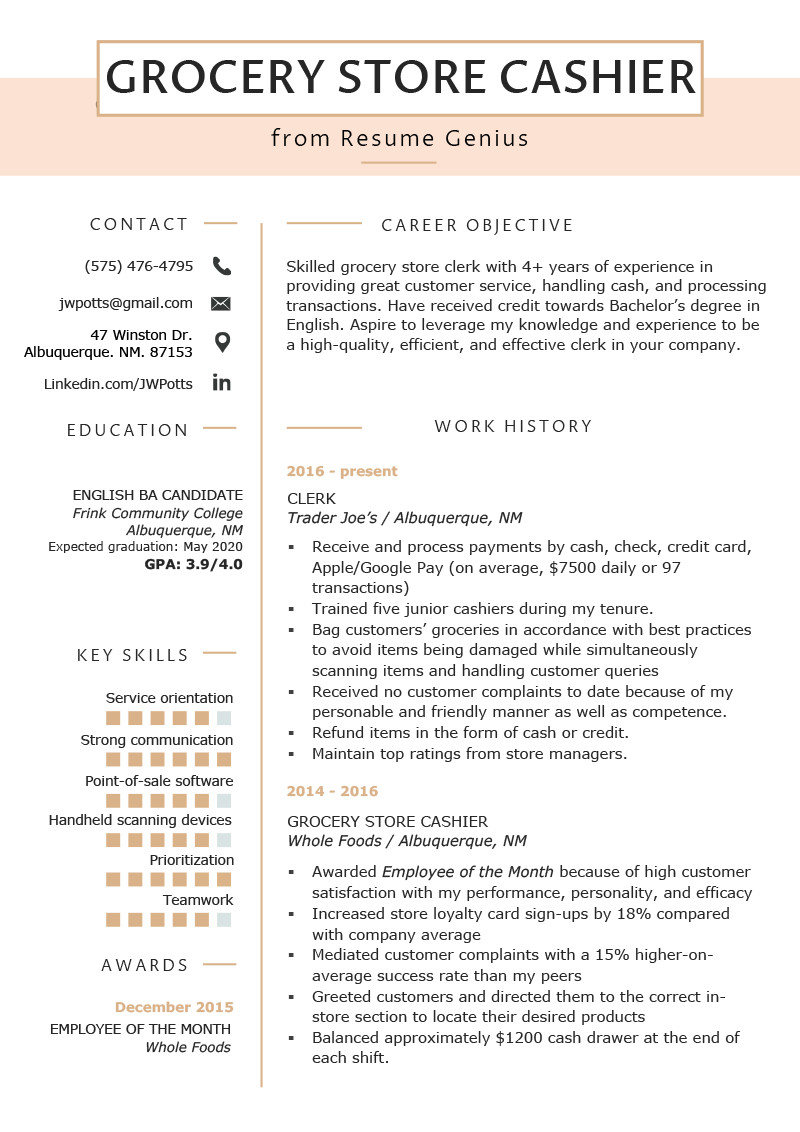 grocery store cashier resume example