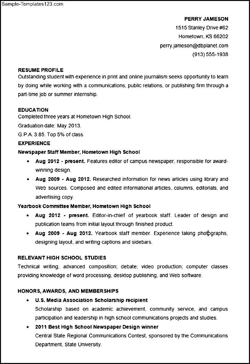 Sample Resume for High School Student Going to College Sample High School Student Resume Template Sample Templates