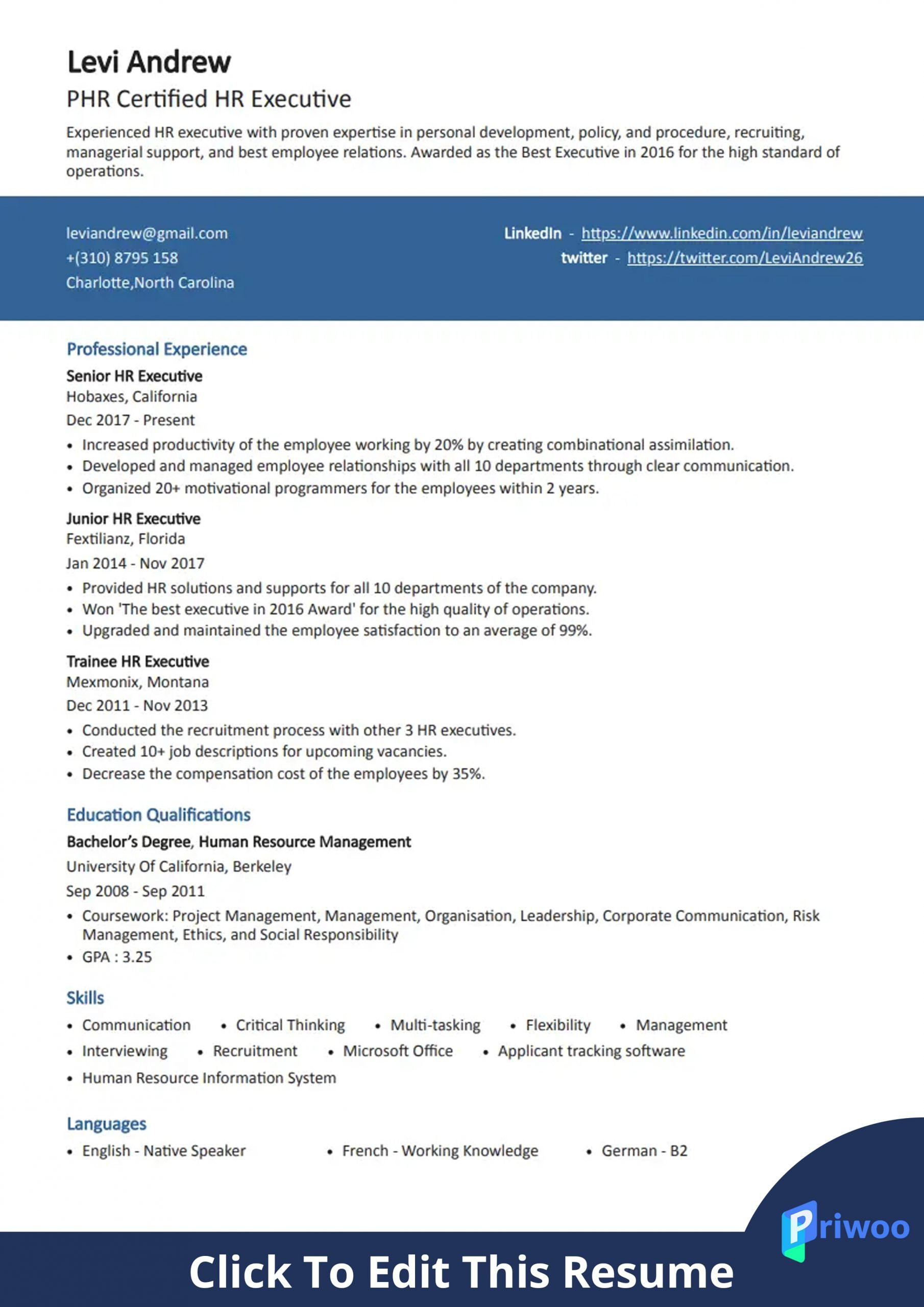 hr executive resume sample