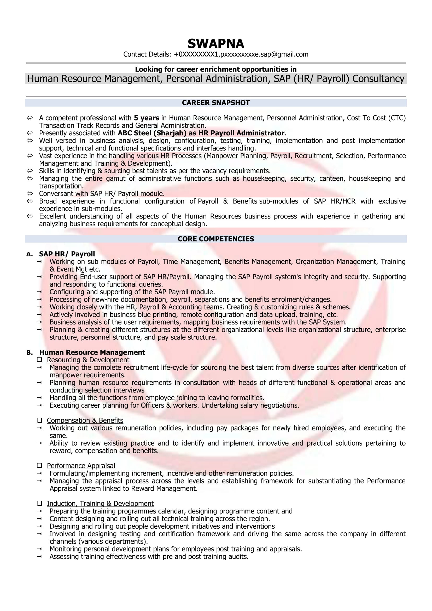 hr executive resume sample format