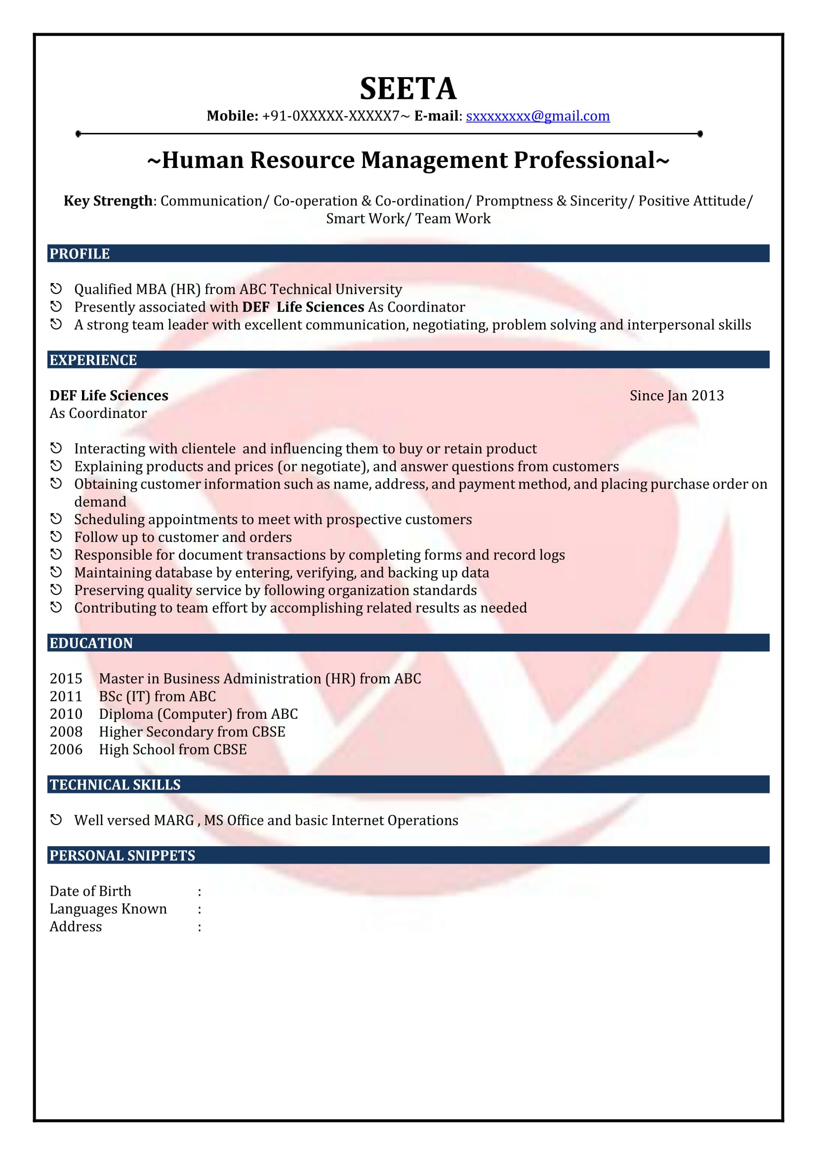 hr fresher resume sample format