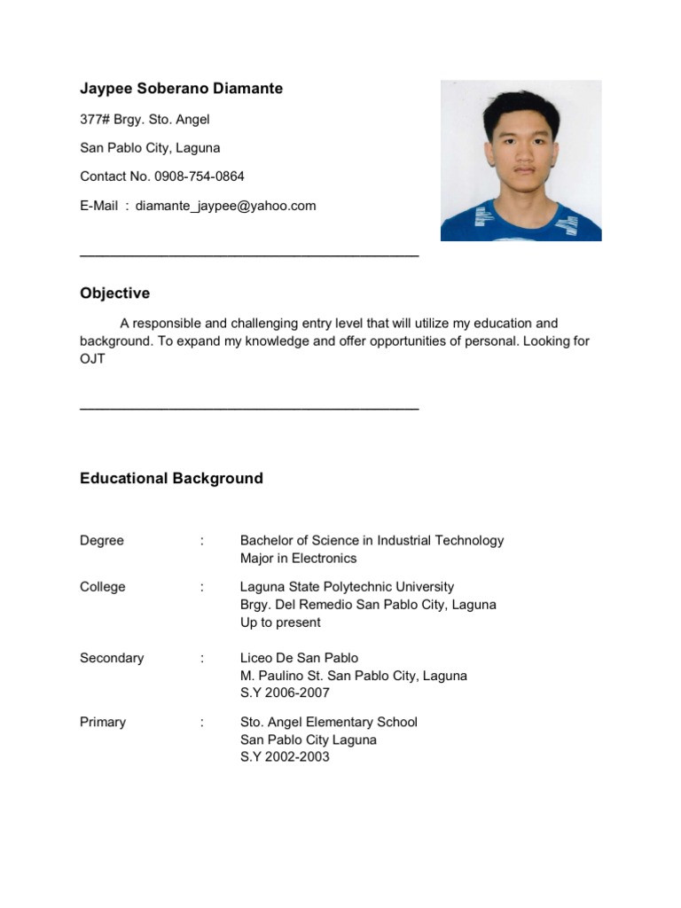 RESUME FOR OJT im looking for OJT pany im electronics student