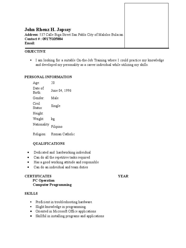 Sample Resume for OJT Student Information Technology