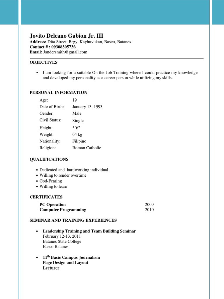 Sample Resume for OJT Student Information Technology
