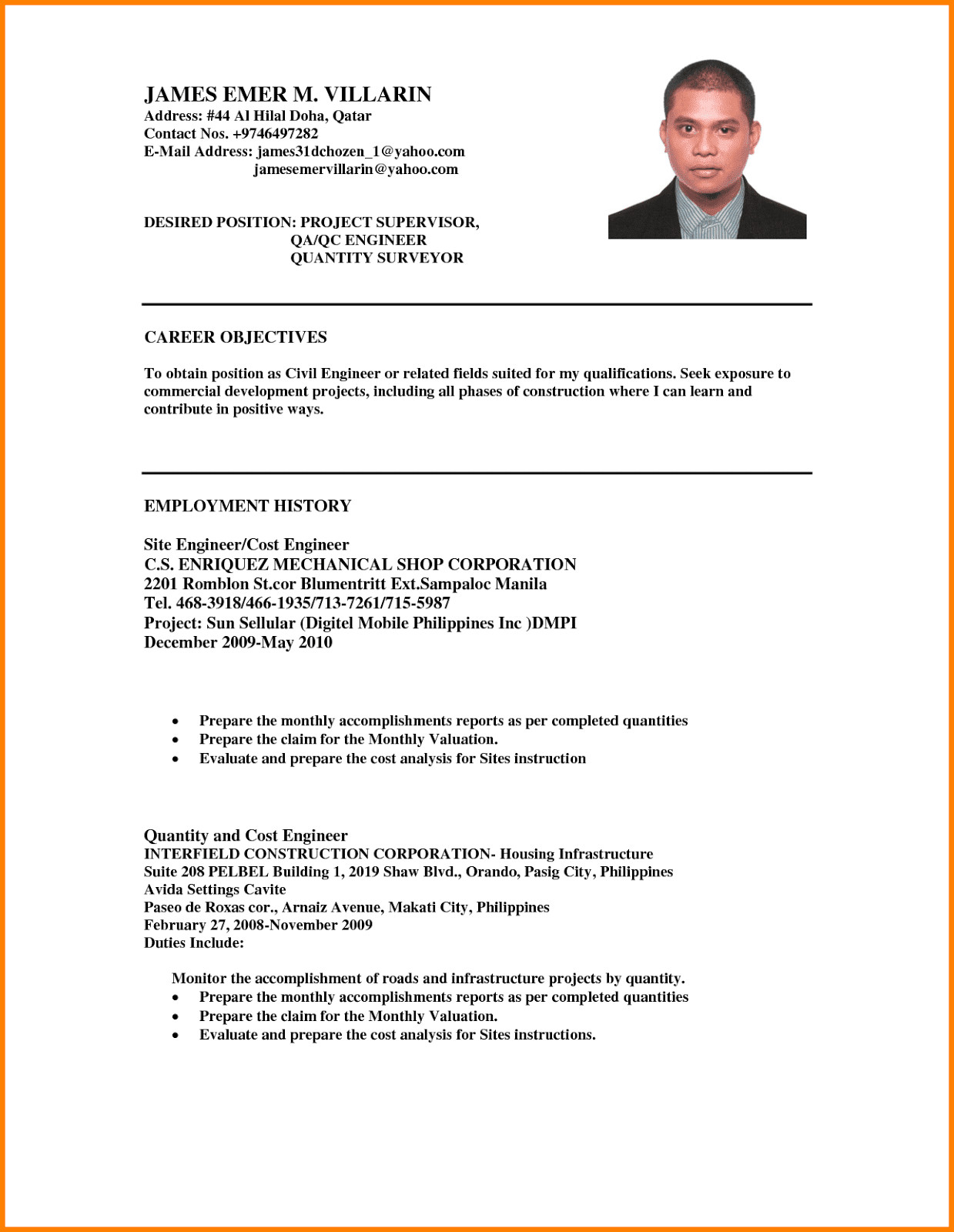 sample resume format for ojt students