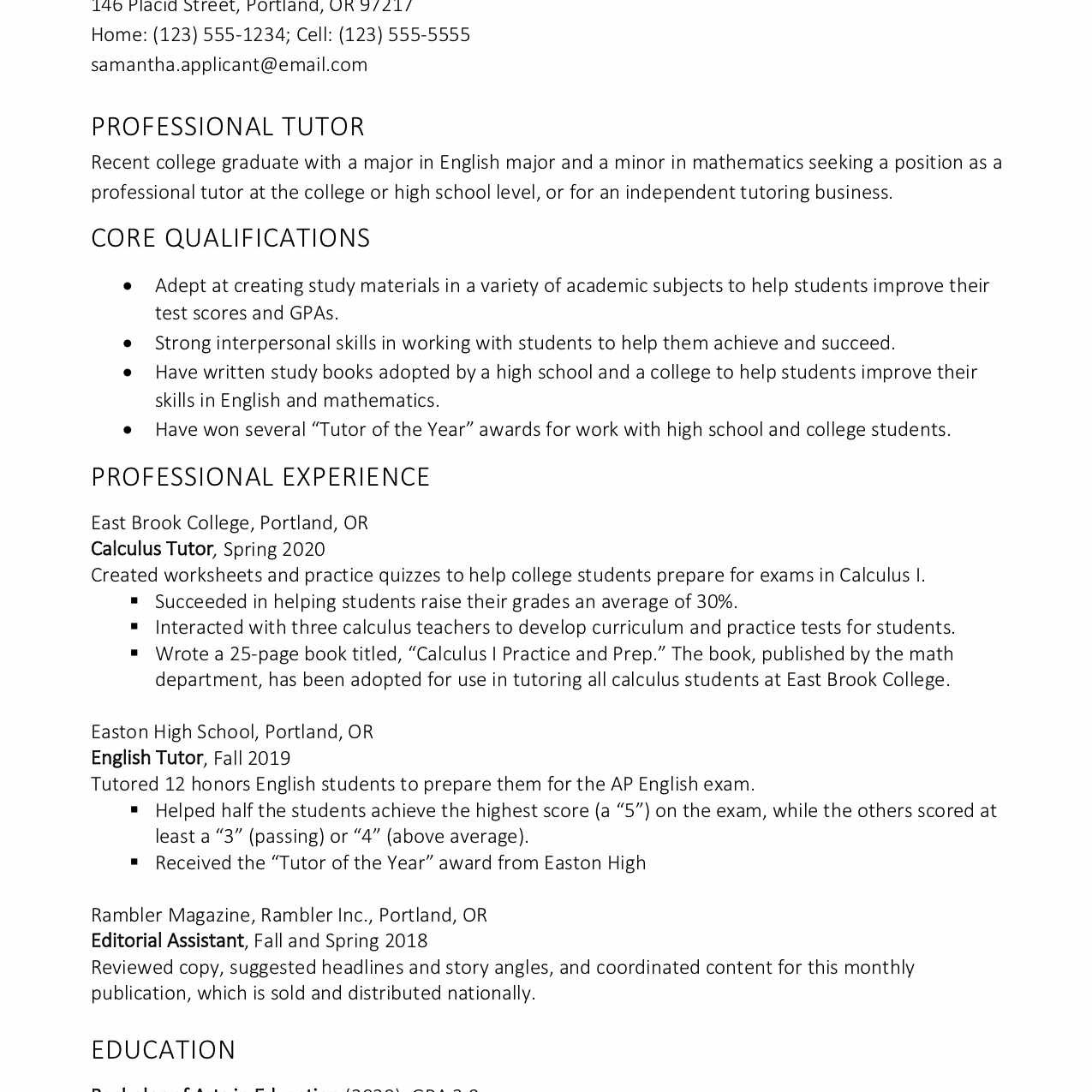 tutor resume and cover letter examples