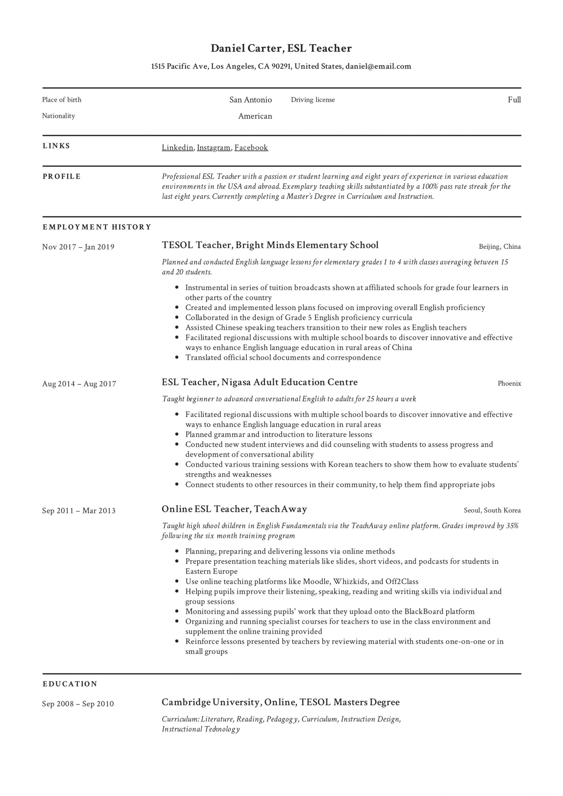 esl teacher cv exampleml