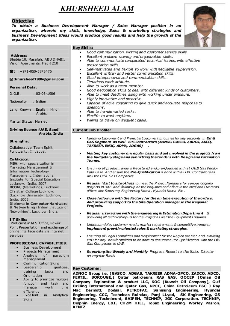 Sample Resume for Sales Manager Position Business Development Manager, Sales Manager (oil & Gas)