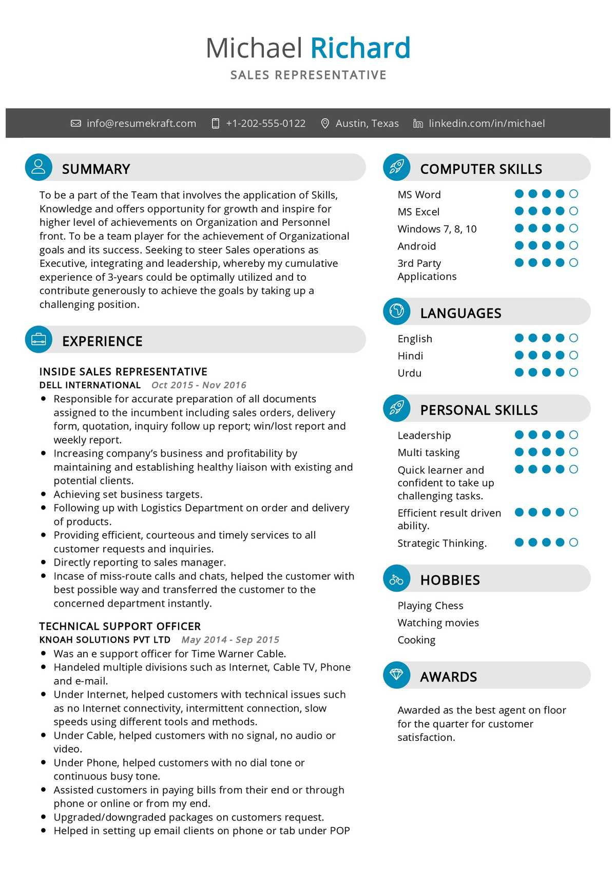 sales representative resume example