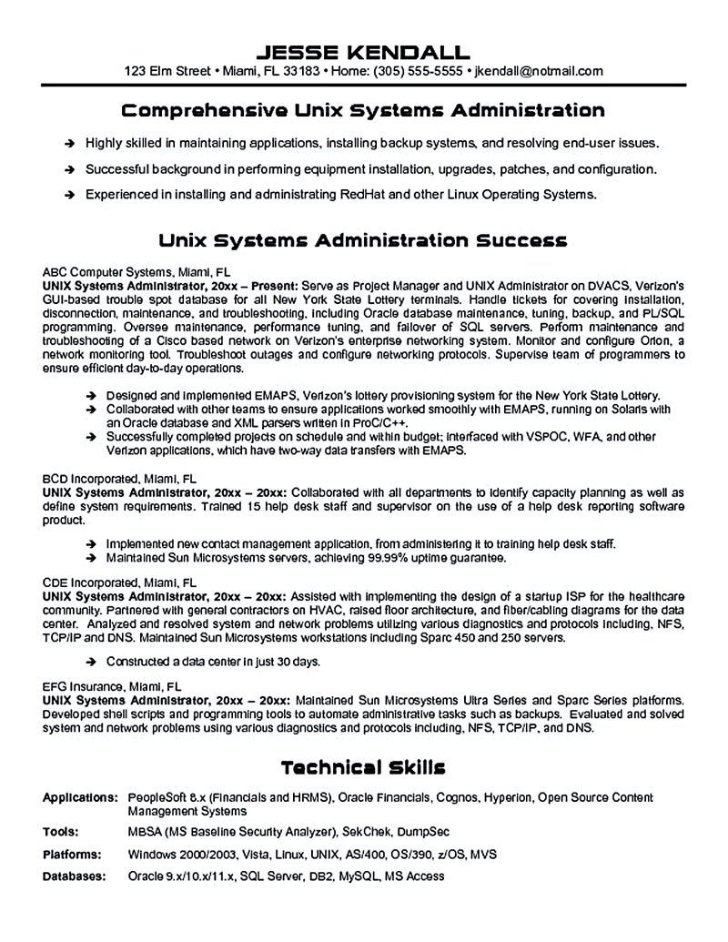 linux unix system administrator resumeml