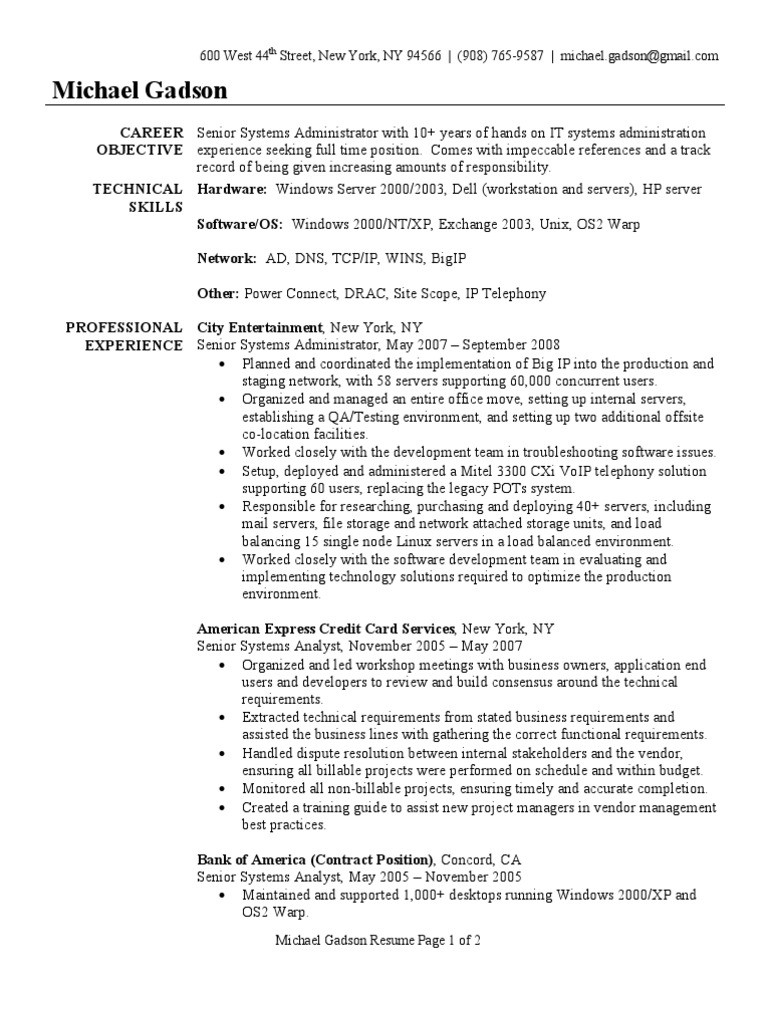 System Administrator Resume Sample