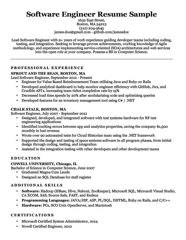 software engineer resume sample