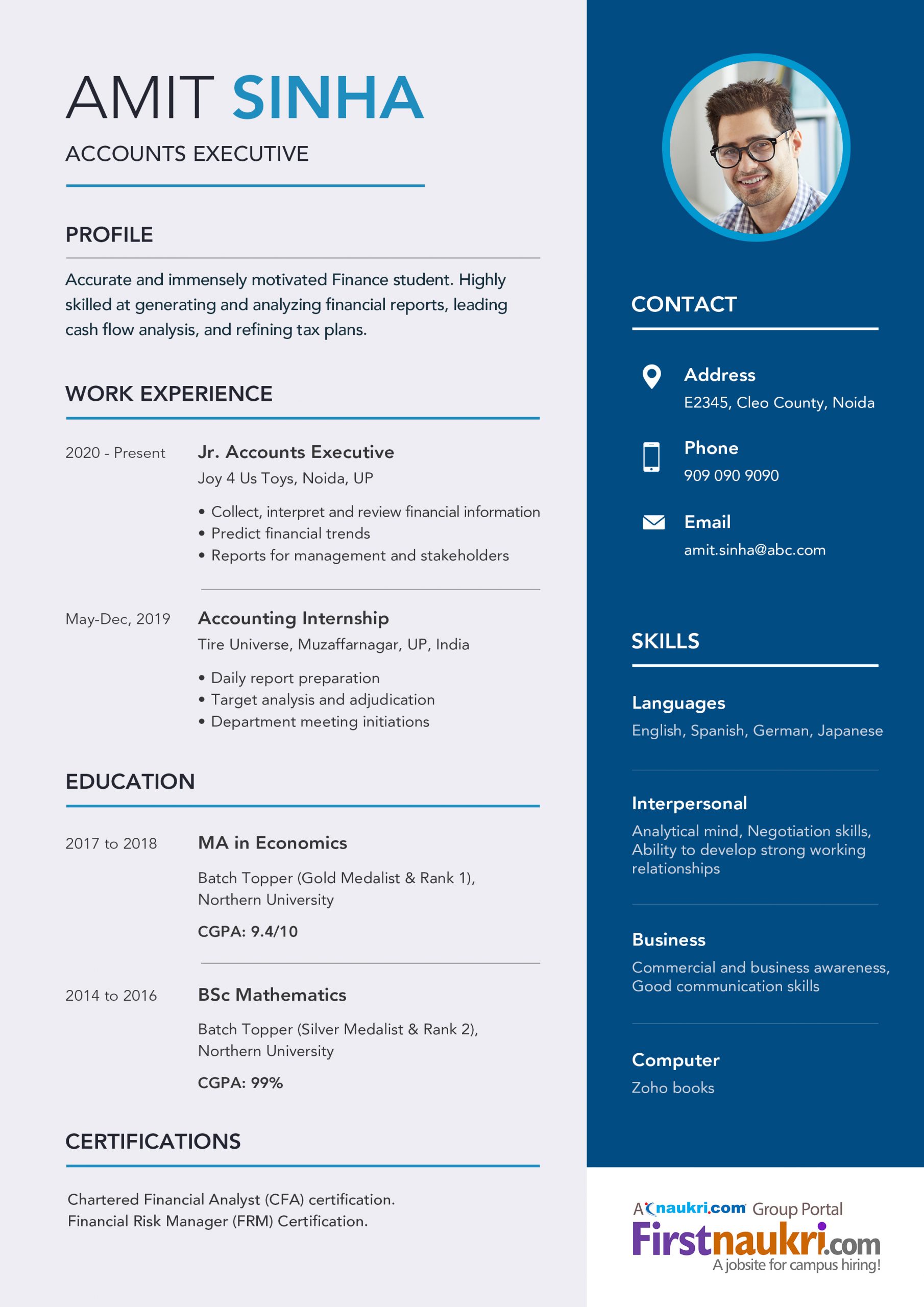 accounting resume sample for freshers in 2020