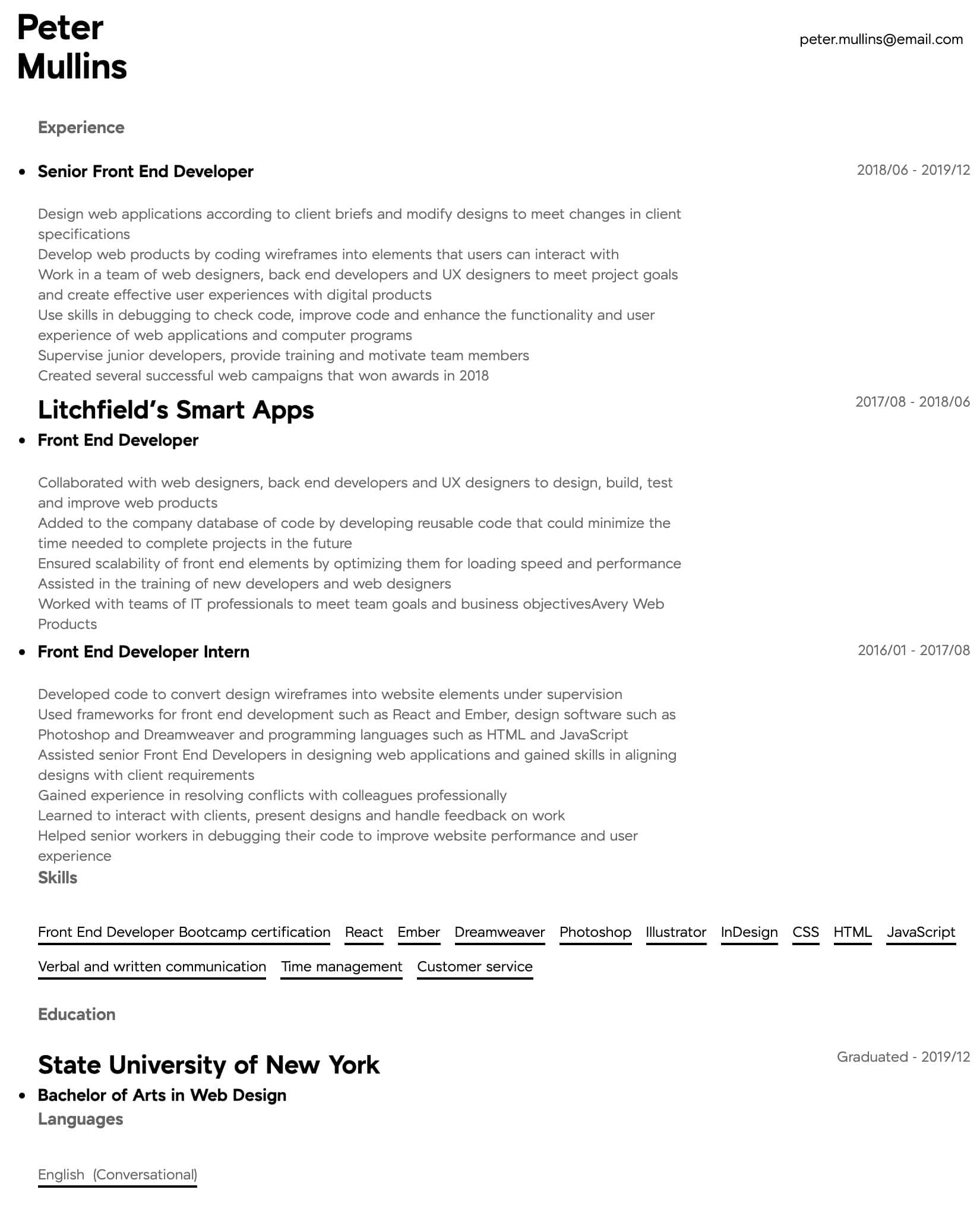 front end developer resume sample