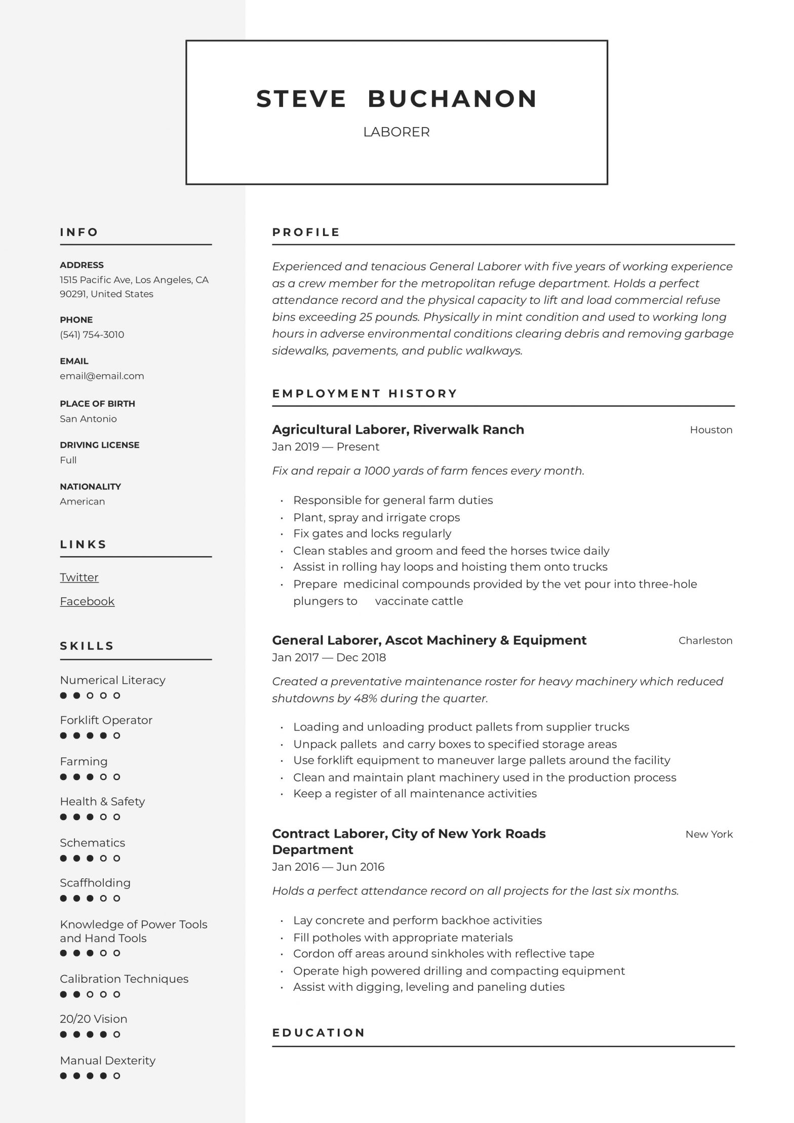 Sample Resume Objectives for General Labor General Laborer Resume ...