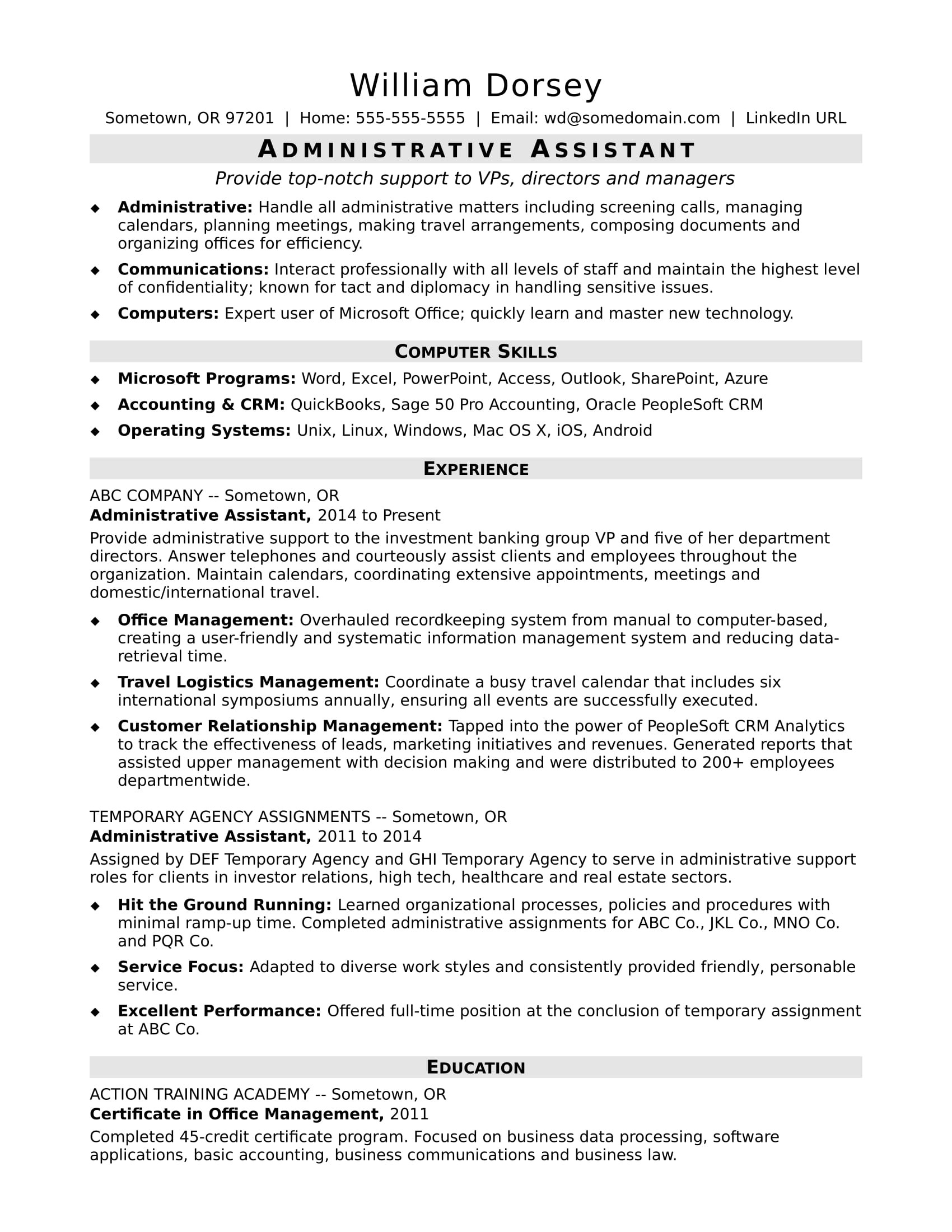 sample resume administrative assistant midlevel