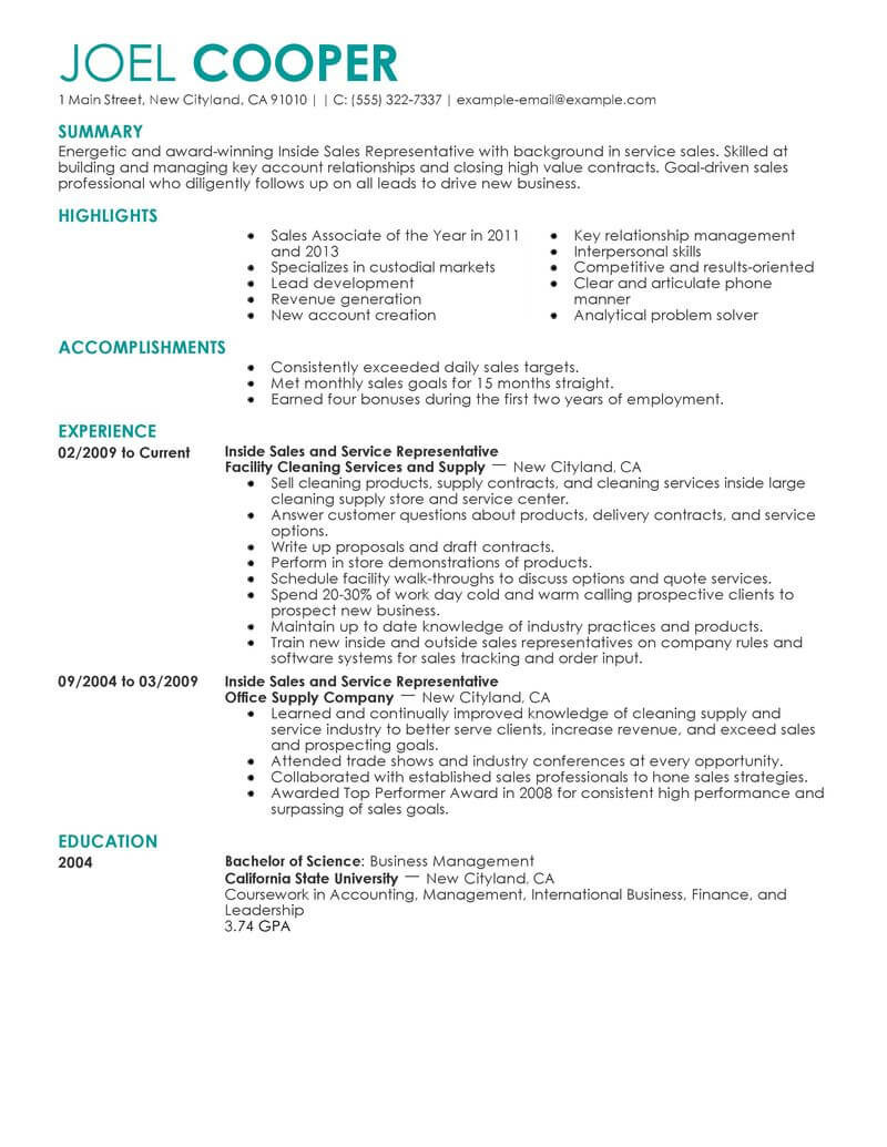 inside sales resume example