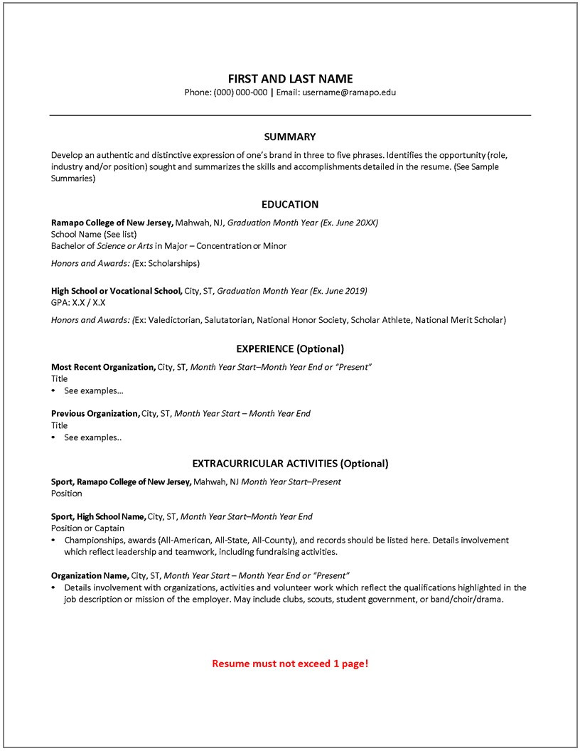 College Resume Template for Transfer Students First Year Resume – Cahill Career Development Center Ramapo …