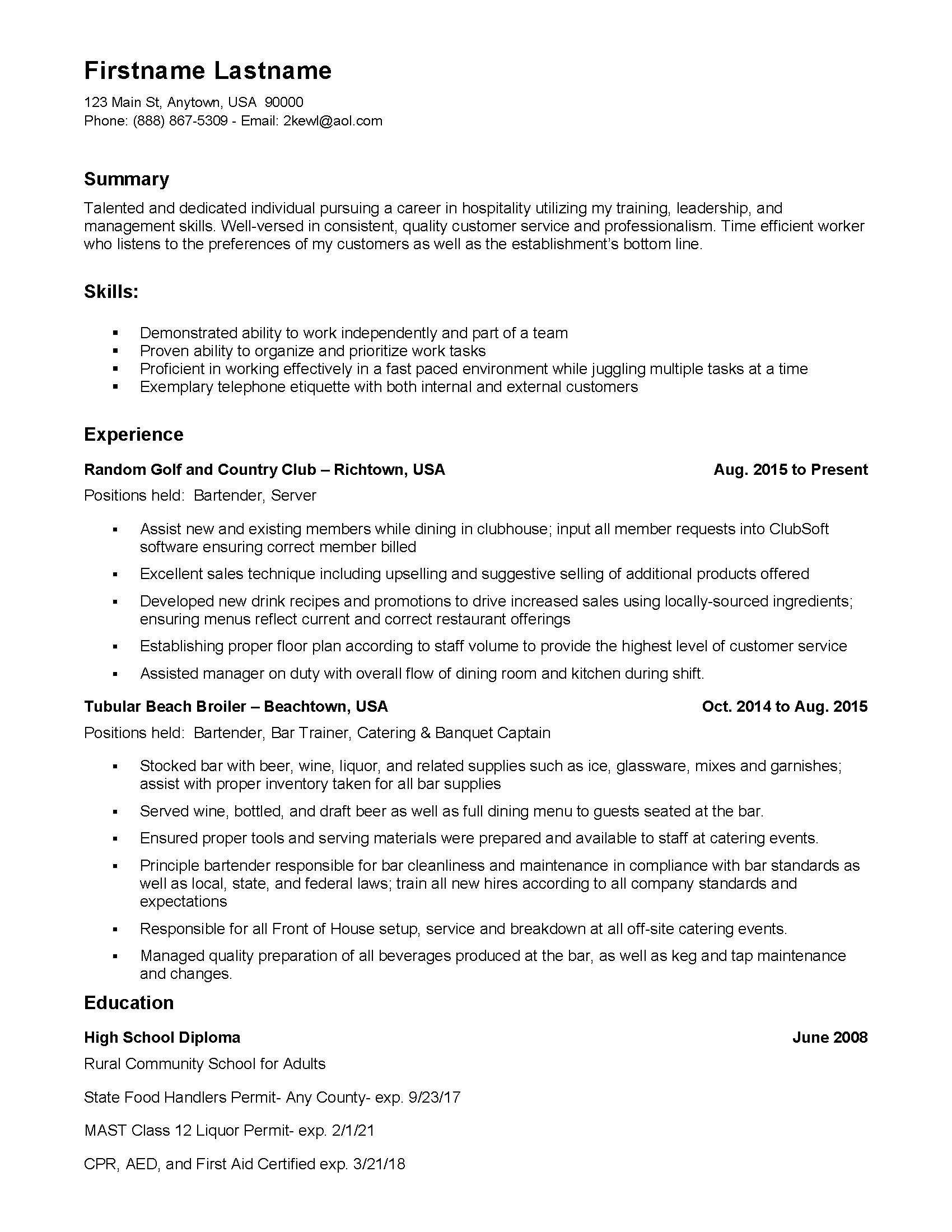 Country Club Server Bartender Resume Sample Bartender Looking to Switch to Admin Position : R/resumes