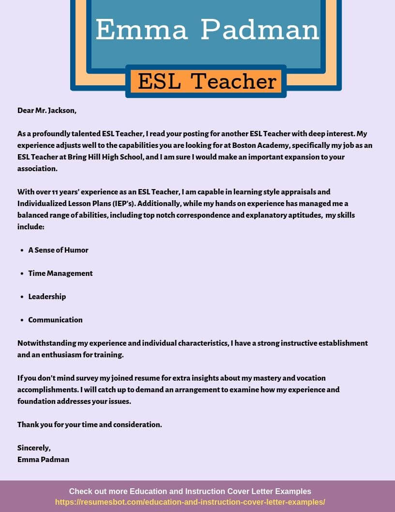 esl teacher cover letter example
