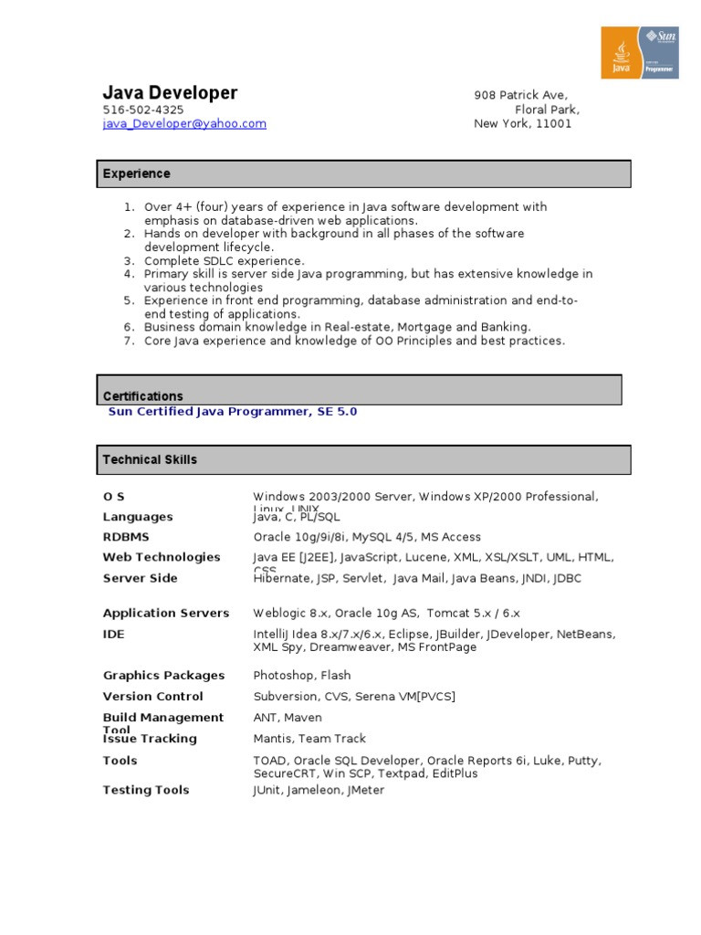 resume for experienced java developerml