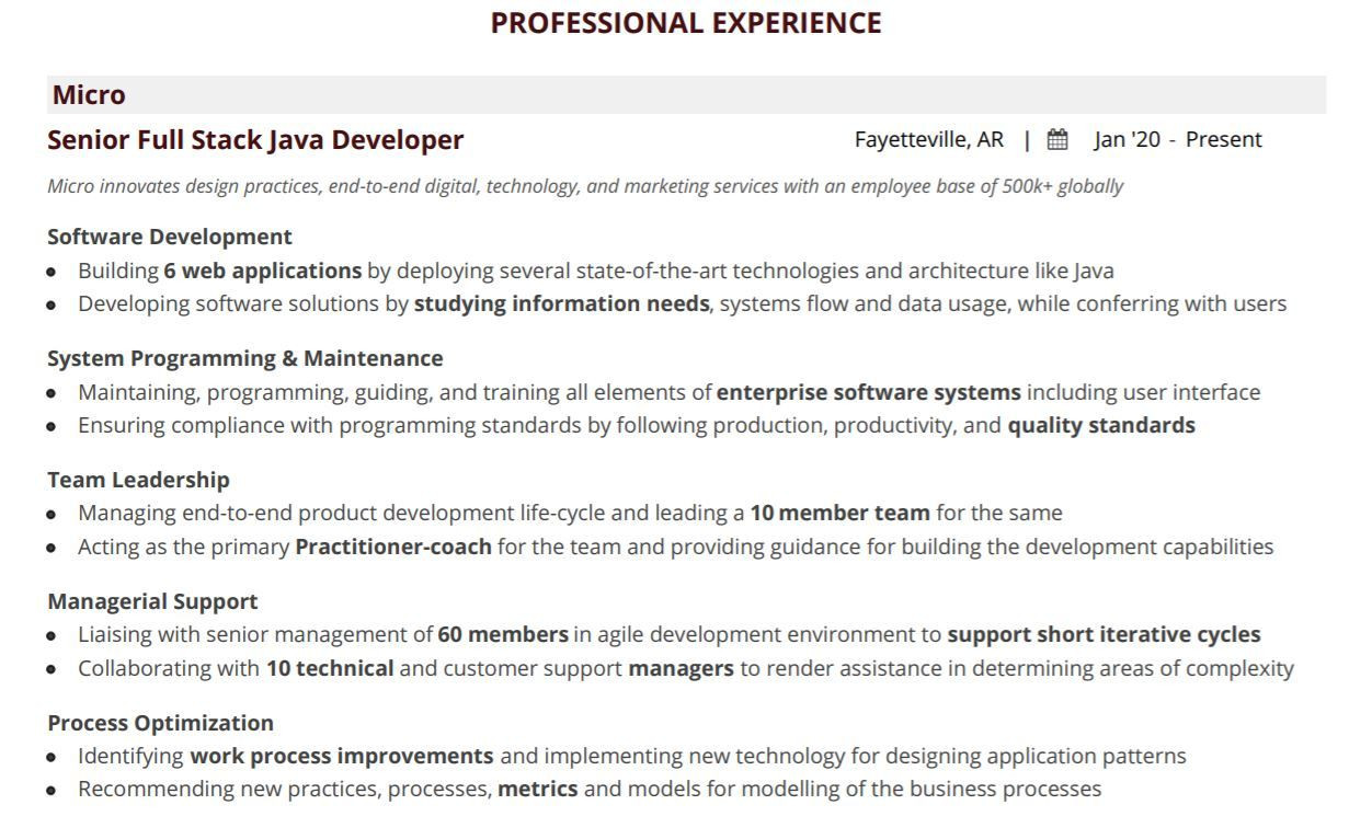 java full stack developer resume